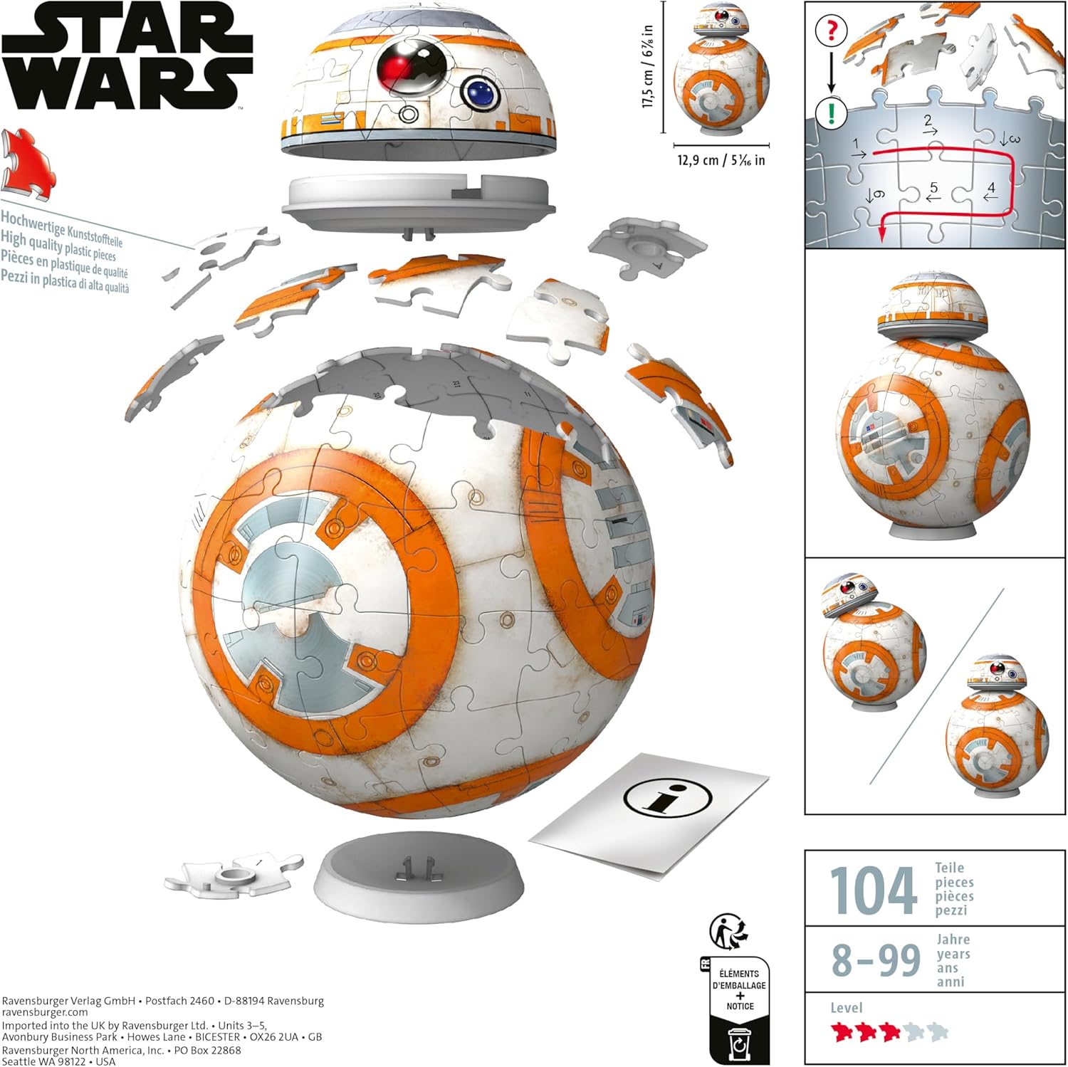 Ravensburger 11578 Star Wars BB-8 3D Puzzles for Kids Age 8 Years Gifts-BB8-99 Pieces-No Glue Required, Orange, One Size