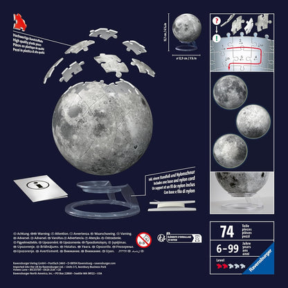 Ravensburger 11586 Glow in The Dark Moon-3D Puzzles for Kids Age 6 Years Up-72 Pieces-No Glue Required, White, One Size