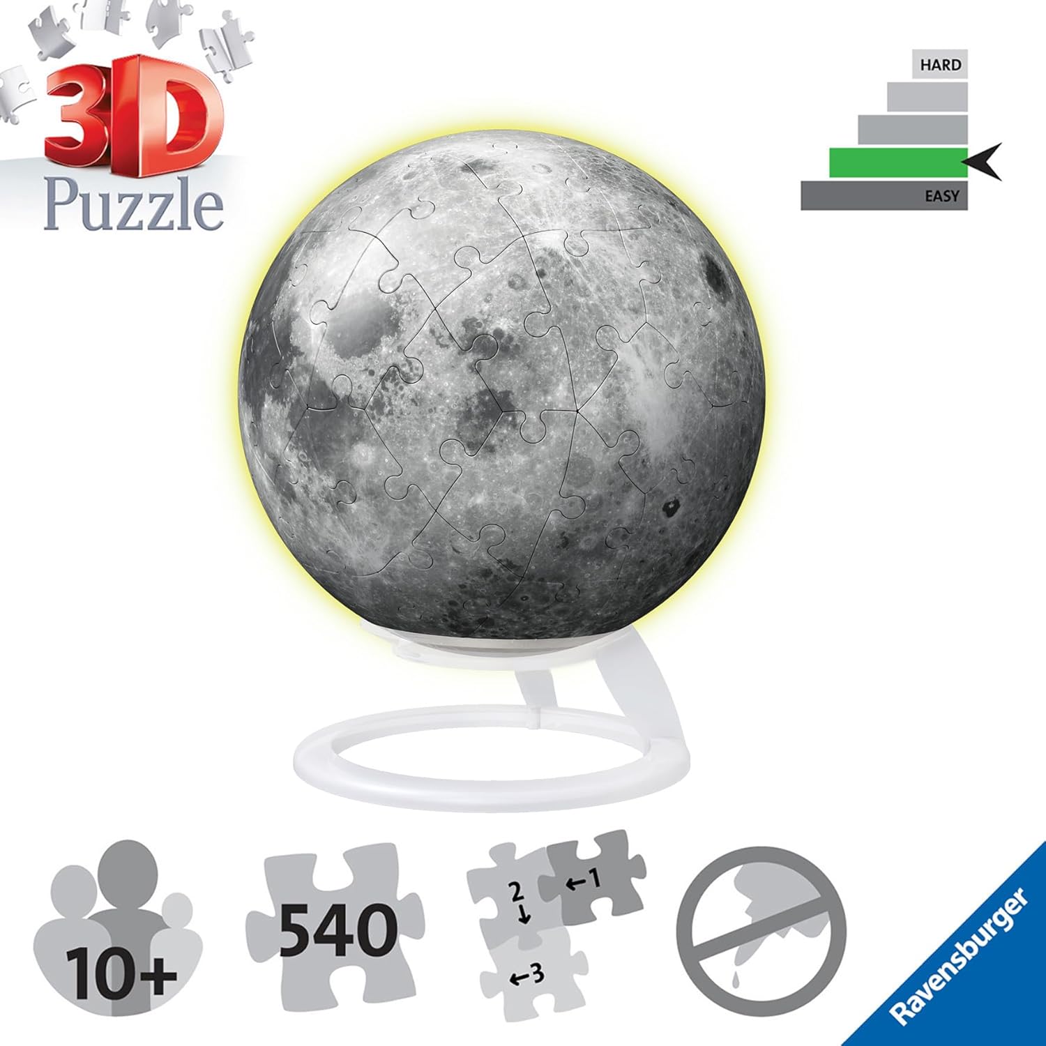 Ravensburger 11586 Glow in The Dark Moon-3D Puzzles for Kids Age 6 Years Up-72 Pieces-No Glue Required, White, One Size