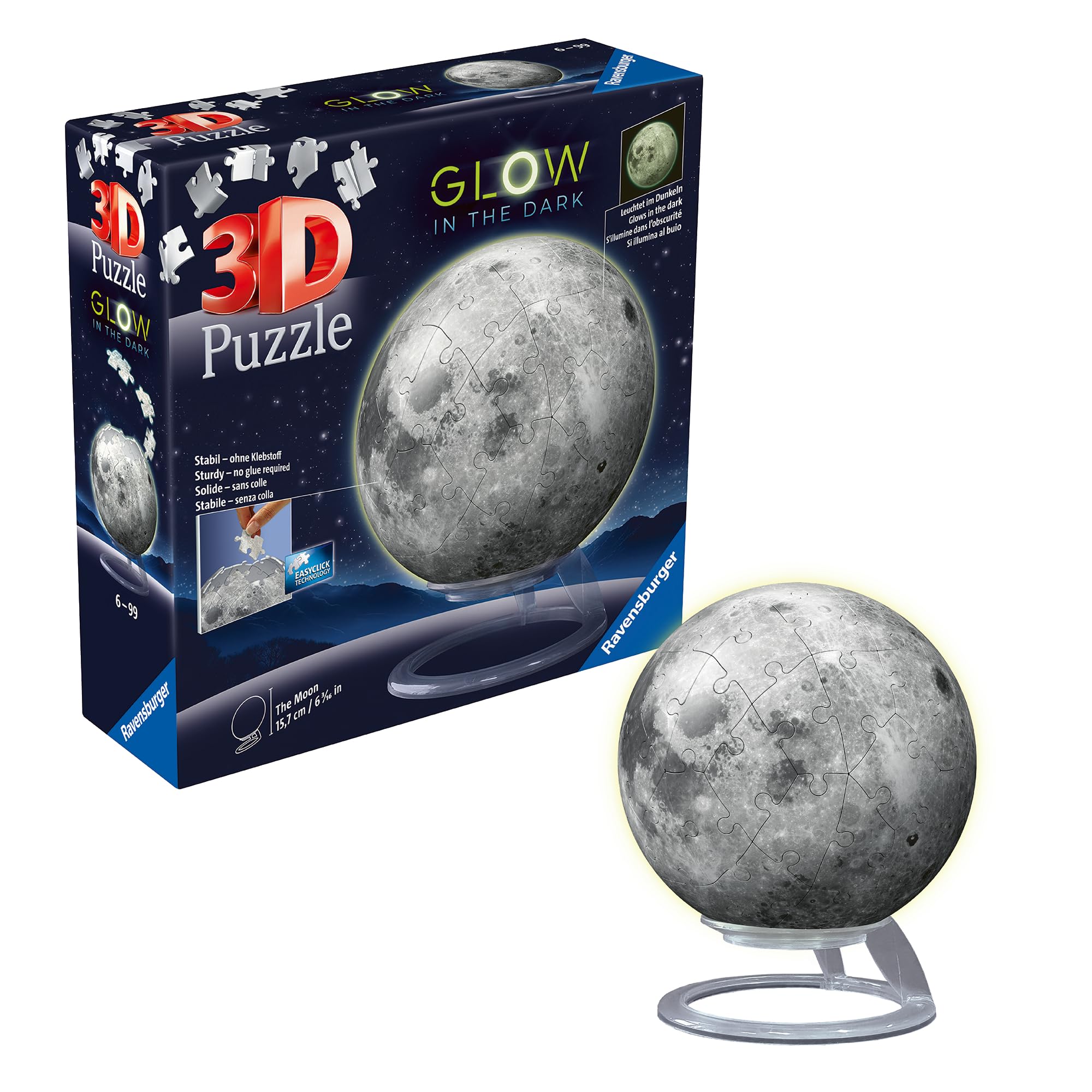 Ravensburger 11586 Glow in The Dark Moon-3D Puzzles for Kids Age 6 Years Up-72 Pieces-No Glue Required, White, One Size