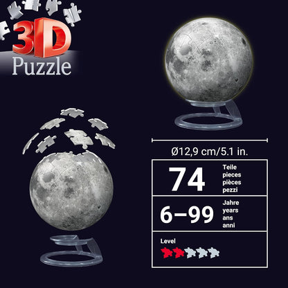 Ravensburger 11586 Glow in The Dark Moon-3D Puzzles for Kids Age 6 Years Up-72 Pieces-No Glue Required, White, One Size