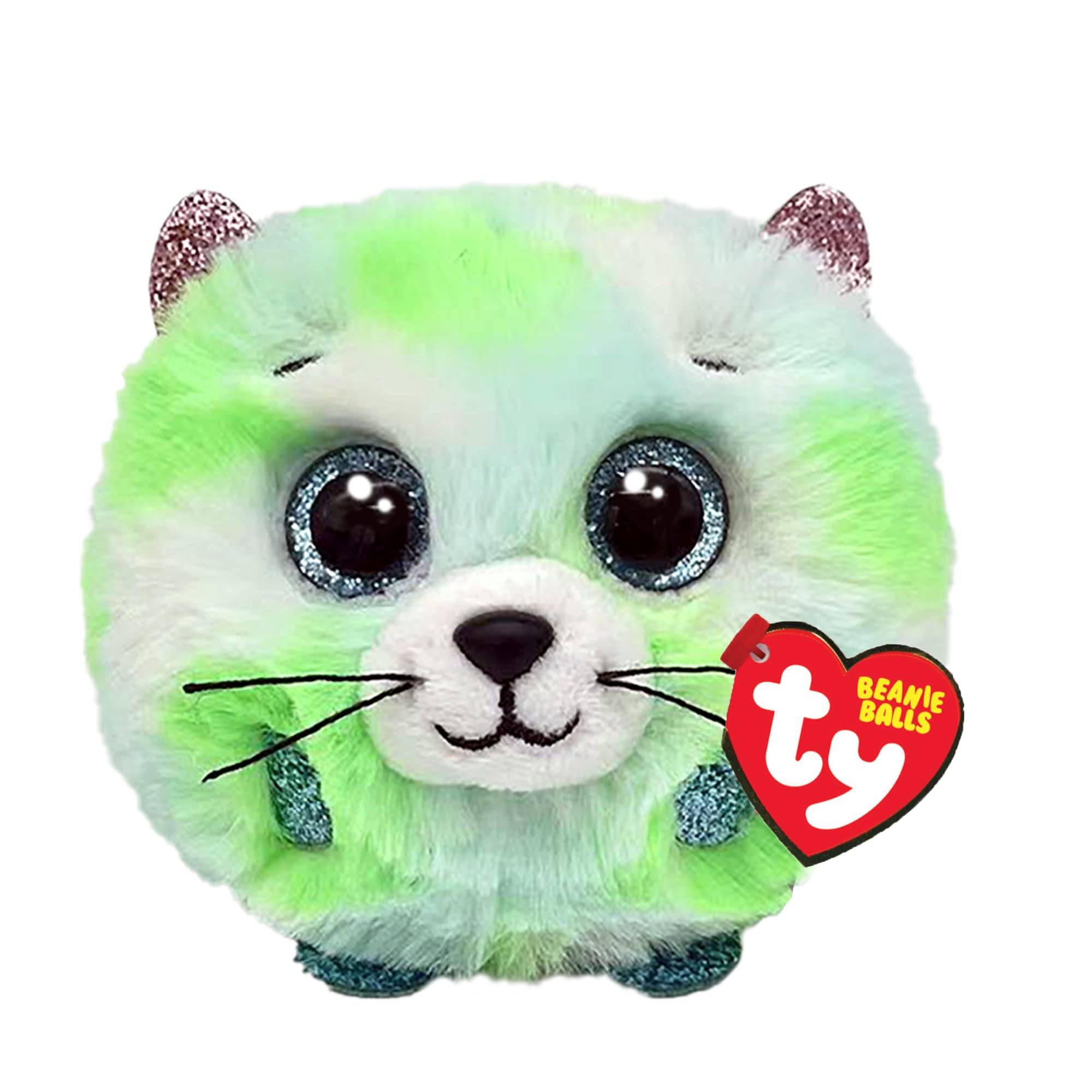 Ty Beanie Balls Evie El Gatito Verde con Ojales Azules Brillo, Animales de Peluche Suaves y Redondos para coleccionar 8 cm T42537