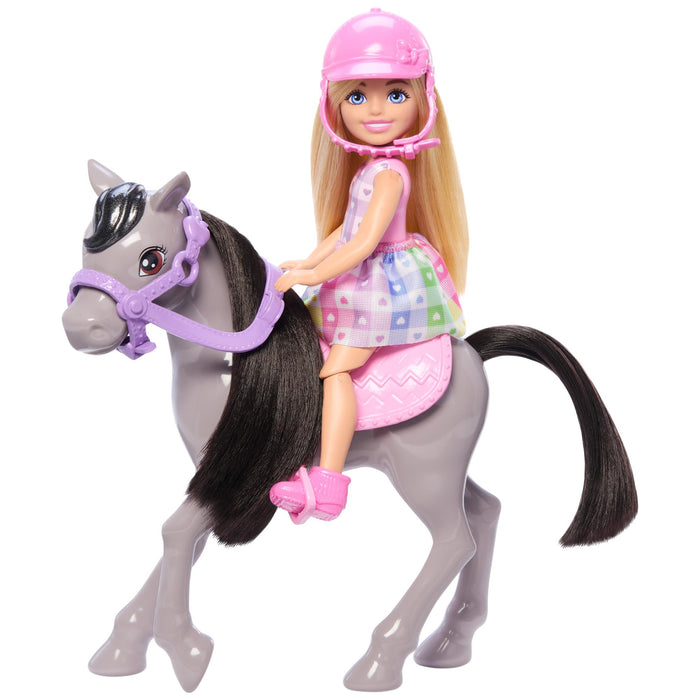 Barbie Chelsea Doll & Horse Toy Set, Includes Helmet Accessory & Saddle, Doll Bends at Knees to “Ride” Gray Pony, HTK29