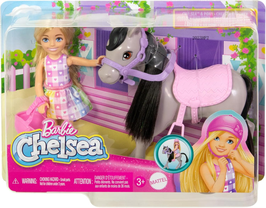 Barbie Chelsea Doll & Horse Toy Set, Includes Helmet Accessory & Saddle, Doll Bends at Knees to “Ride” Gray Pony, HTK29