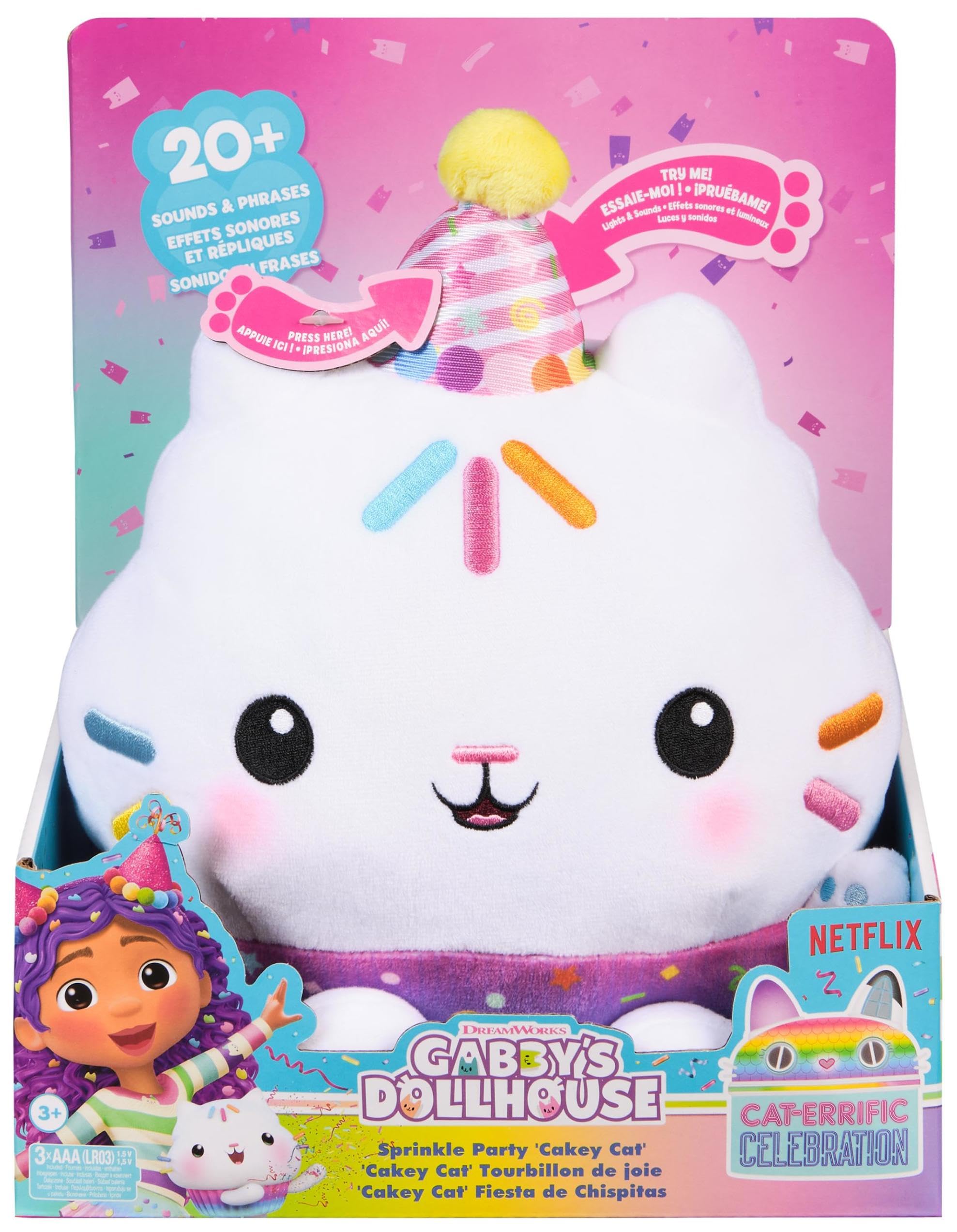 Gabby's Dollhouse Celebrations, Sprinkle Party Cakey Cat Soft Toy, 25-Centimetre Interactive Soft Toy with Sounds, Kids’ Toys for Girls and Boys Aged 3+