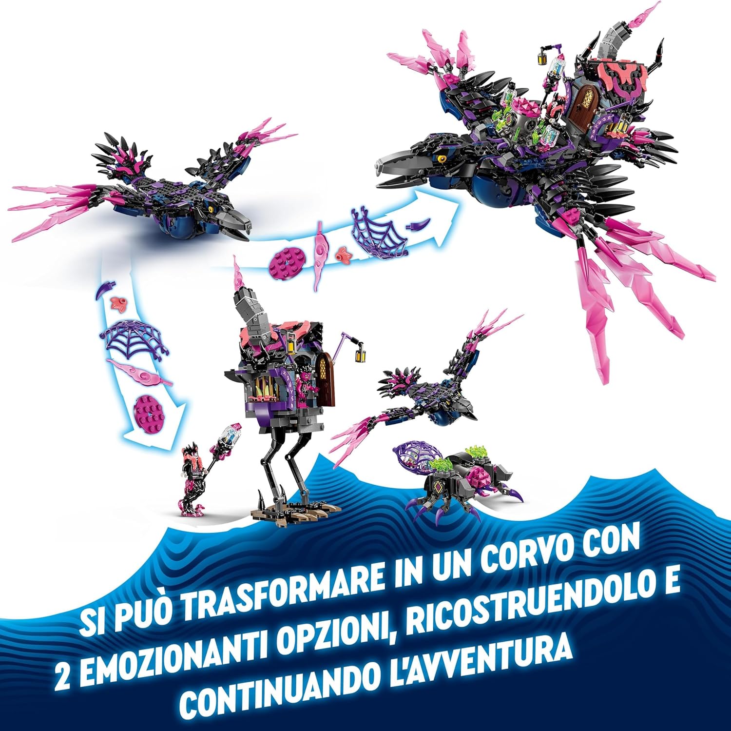 LEGO DREAMZzz 3-in-1 Der Mitternachtsrabe der Nimmerhexe, Spielset für Jungen und Mädchen ab 9 Jahren, mit Tierfigur, Fantasy-Hütte zum Umbauen in EIN Haus, eine Spinne oder einen Vogel 71478