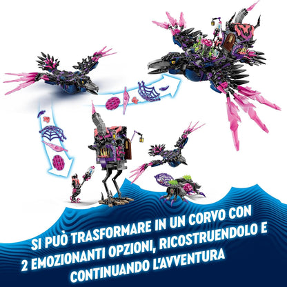 LEGO DREAMZzz 3-in-1 Der Mitternachtsrabe der Nimmerhexe, Spielset für Jungen und Mädchen ab 9 Jahren, mit Tierfigur, Fantasy-Hütte zum Umbauen in EIN Haus, eine Spinne oder einen Vogel 71478