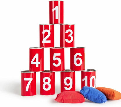 BS Toys Dosenwerfen - Wurfspiel für Kinder - Spielzeug für Draußen - Outdoor - ab 3 jahre - Rot Nummerierte Blechdosen und 3 Wurfsäcke - Einheitsgröße