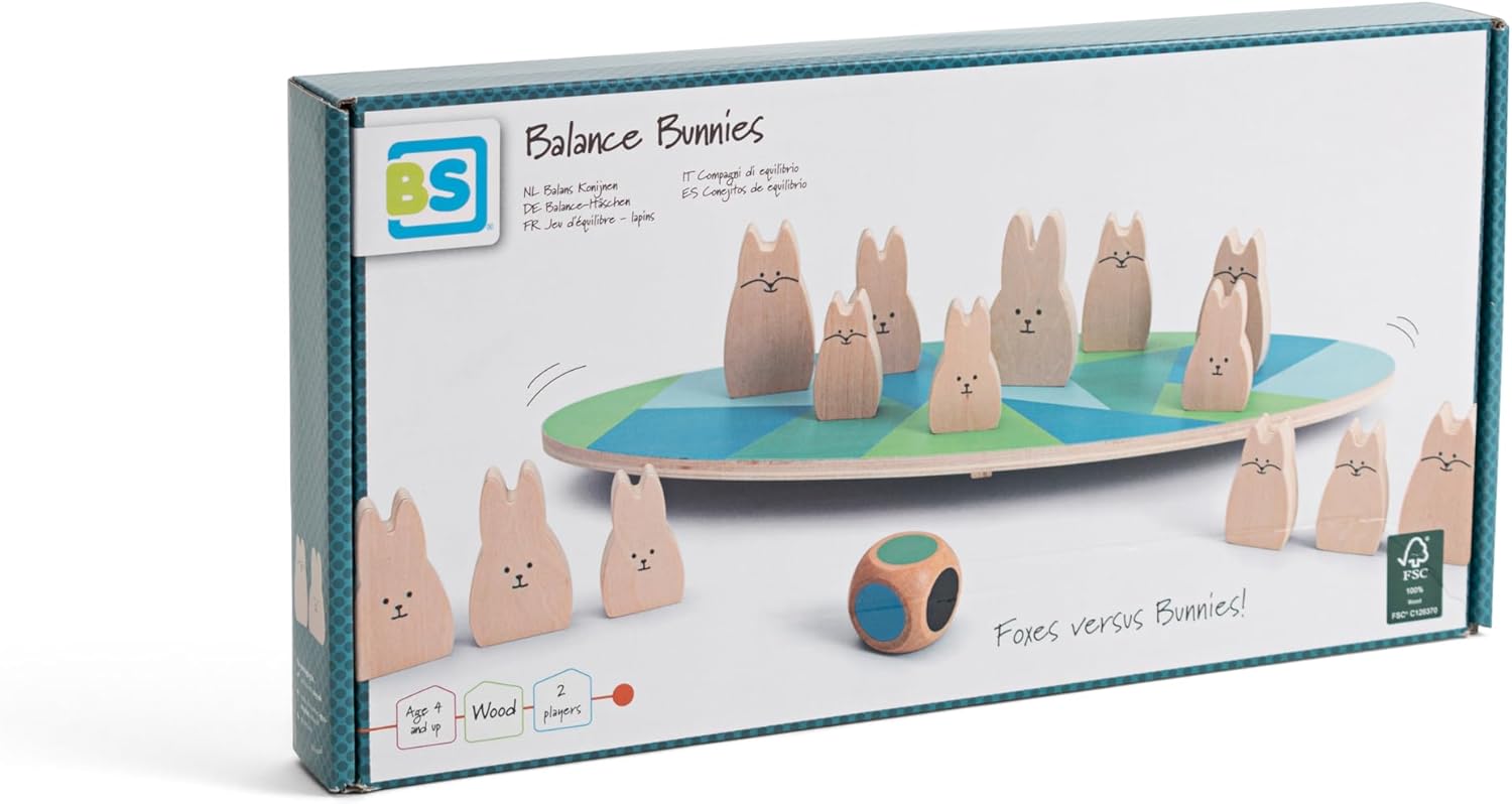 BS Toys Jeu D'Équilibre Lapins en Bois - Jeu Éducatif Et Amusant - Renforce Compétences Motrices, Mmémoire De Travail Et La Reconnassiance des Couleurs - Adapté À Partir De 4 Ans - 2 Joueurs