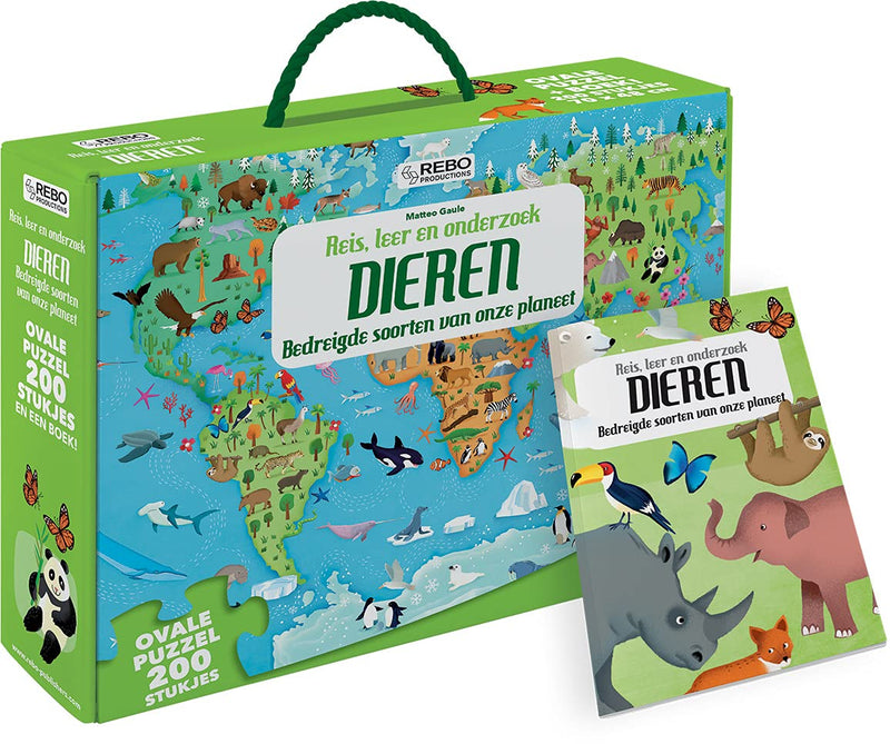 Dieren - puzzel 200 stukjes en boek: Bedreigde soorten van onze planeet (Reis, leer en onderzoek - Boek + ovale puzzel