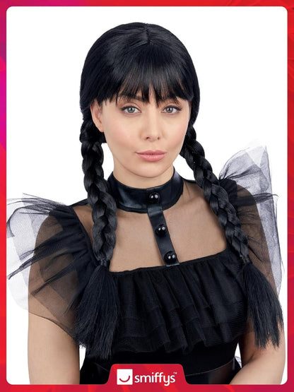 Smiffys Adult Gothic School Girl Wig with Plaits & Fringe, Halloween Fancy Dress Accessory, Gothic Schoolgirl Dress Up Wigs