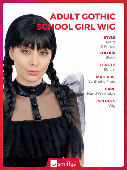 Smiffys Adult Gothic School Girl Wig with Plaits & Fringe, Halloween Fancy Dress Accessory, Gothic Schoolgirl Dress Up Wigs