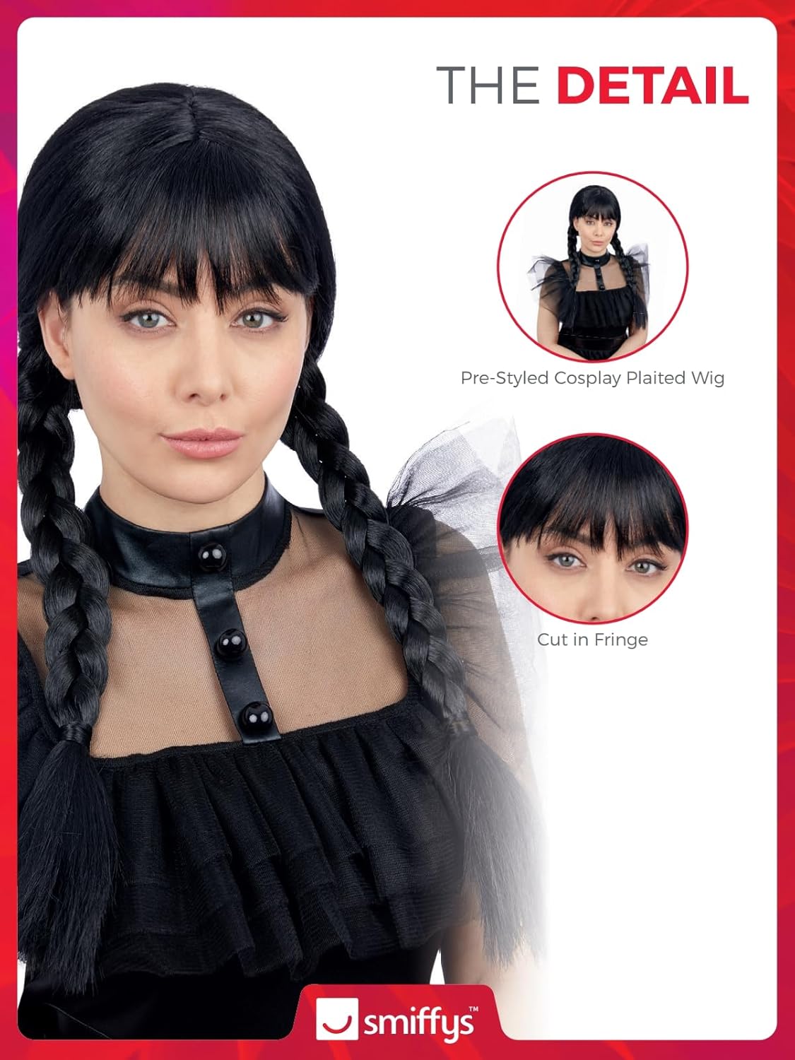 Smiffys Adult Gothic School Girl Wig with Plaits & Fringe, Halloween Fancy Dress Accessory, Gothic Schoolgirl Dress Up Wigs