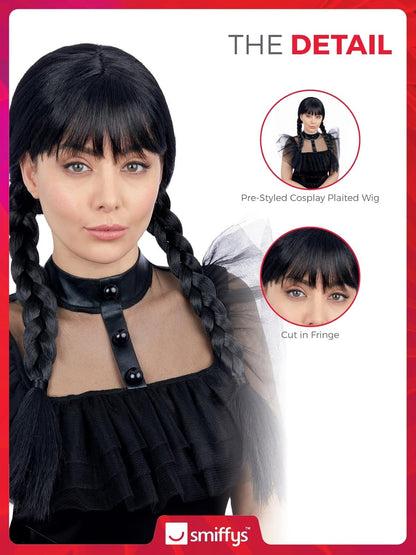 Smiffys Adult Gothic School Girl Wig with Plaits & Fringe, Halloween Fancy Dress Accessory, Gothic Schoolgirl Dress Up Wigs