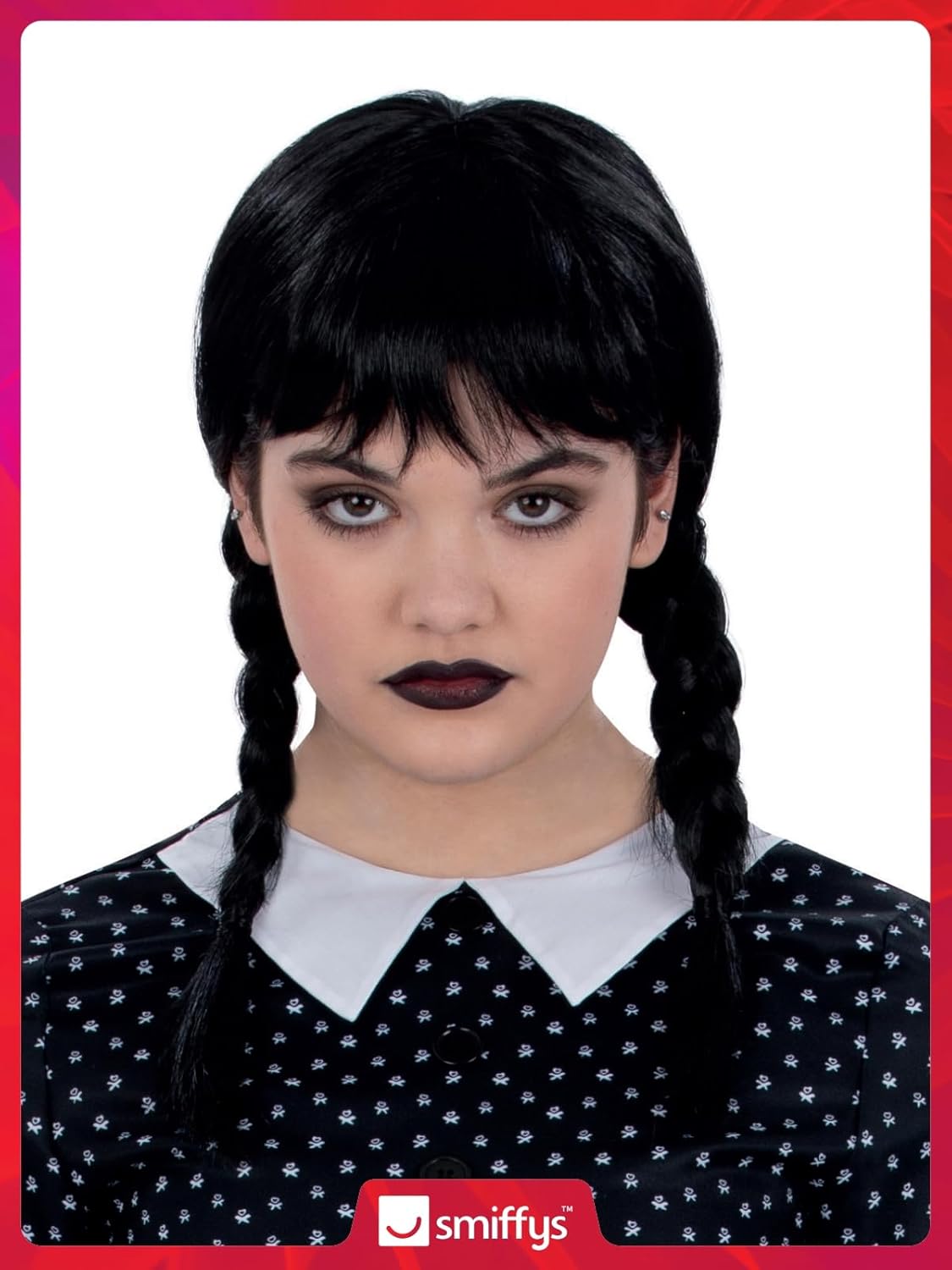 Smiffys Kids Gothic School Girl Wig with Plaits & Fringe, Halloween Child Fancy Dress, Gothic Dress Up Wigs