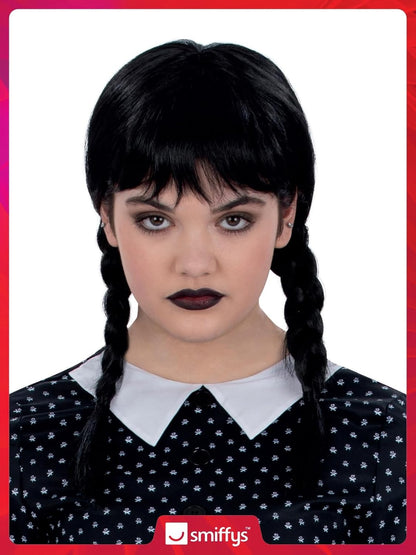Smiffys Kids Gothic School Girl Wig with Plaits & Fringe, Halloween Child Fancy Dress, Gothic Dress Up Wigs