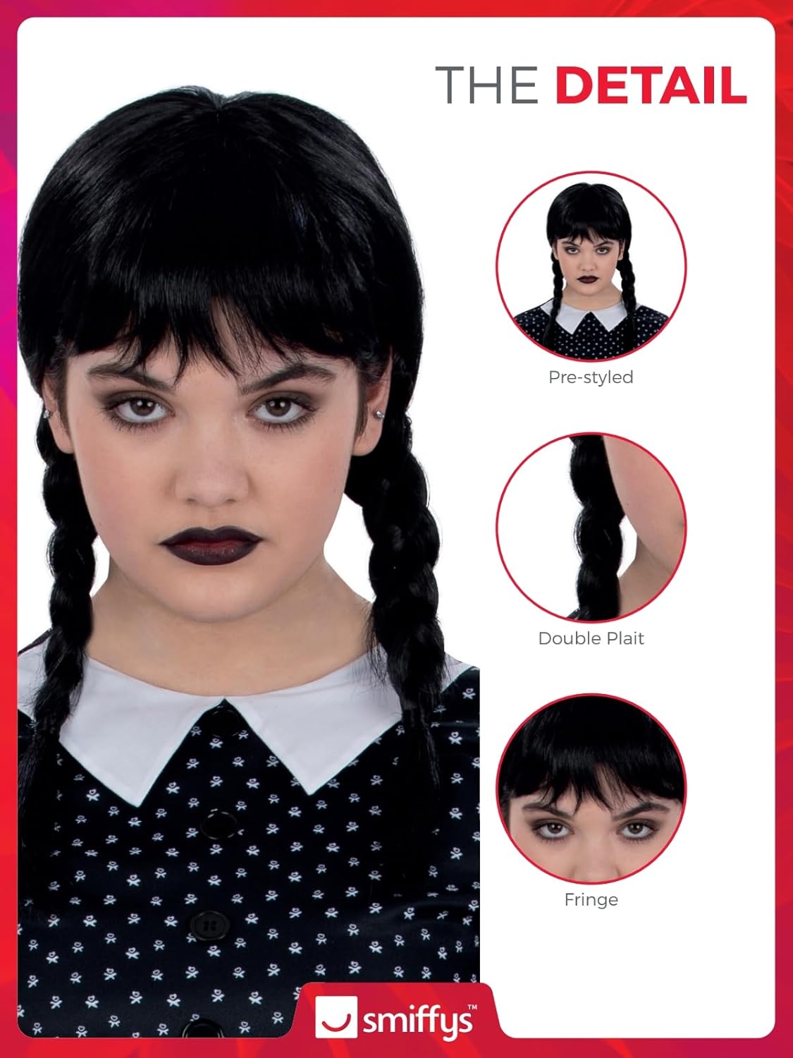 Smiffys Kids Gothic School Girl Wig with Plaits & Fringe, Halloween Child Fancy Dress, Gothic Dress Up Wigs