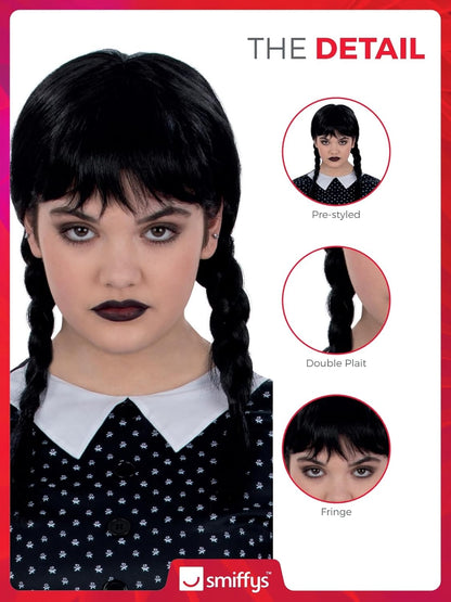 Smiffys Kids Gothic School Girl Wig with Plaits & Fringe, Halloween Child Fancy Dress, Gothic Dress Up Wigs