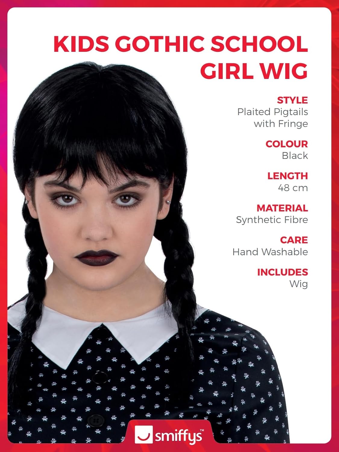 Smiffys Kids Gothic School Girl Wig with Plaits & Fringe, Halloween Child Fancy Dress, Gothic Dress Up Wigs