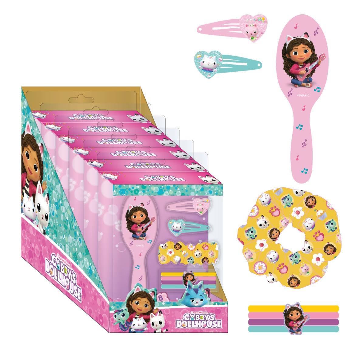 Beauty-Set von Gabby's Dollhouse – enthält 1 Bürste, 2 Haarnadeln, 4 Haargummis und 1 Haargummi aus Stoff, mehrfarbig, inspiriert von Gabby's Dollhouse, Originalprodukt, entworfen in Spanien