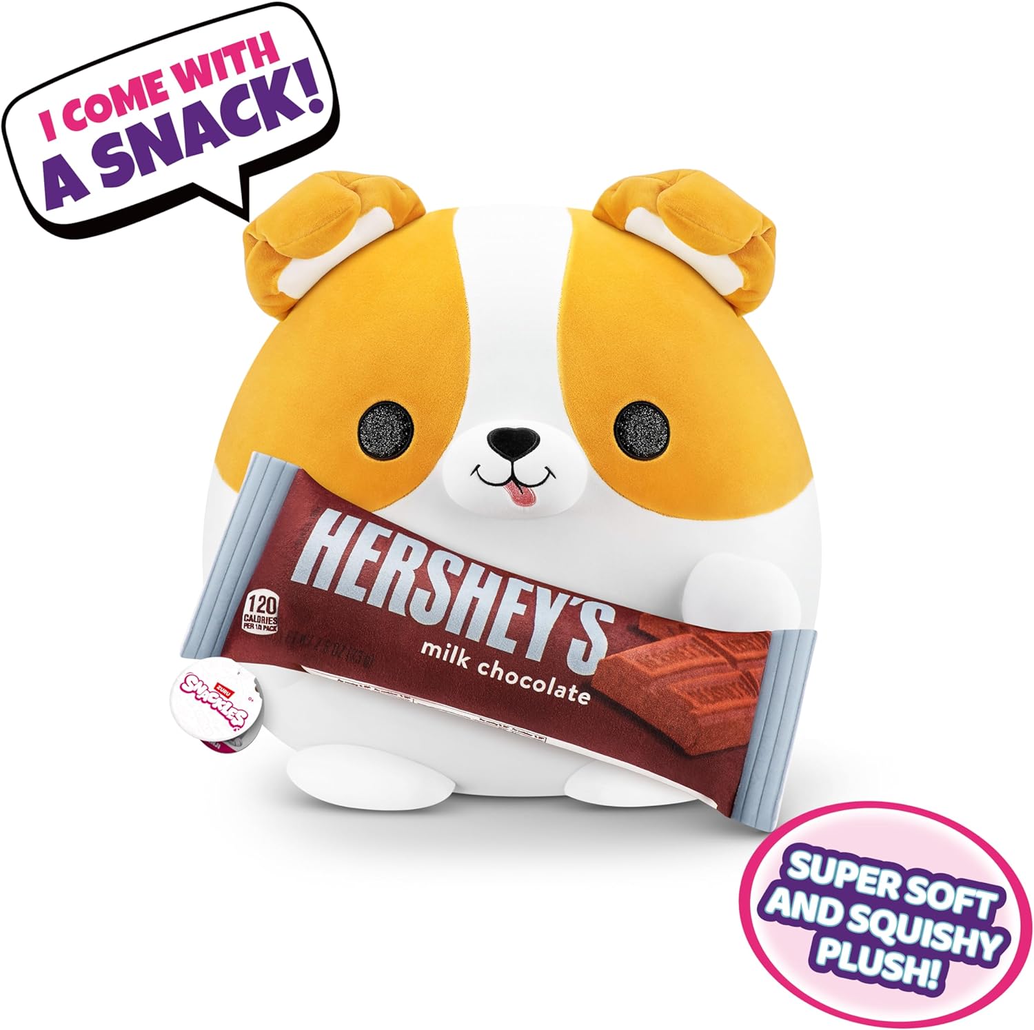 Snackles Super Sized 35 cm, Corgi (Hershey's Milk Chocolate), by ZURU Cuddly Squishy Comfort 35 cm Plush with License Snack Brand Accessory (Corgi