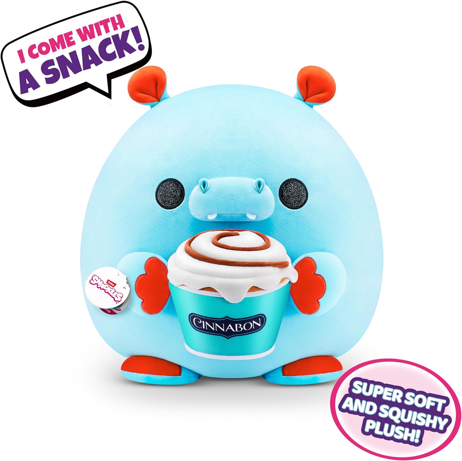 Snackles Super Sized 35 cm, Hippo (Cinnabon), by ZURU Cuddly Squishy Comfort 35 cm Plush with License Snack Brand Accessory (Hippo