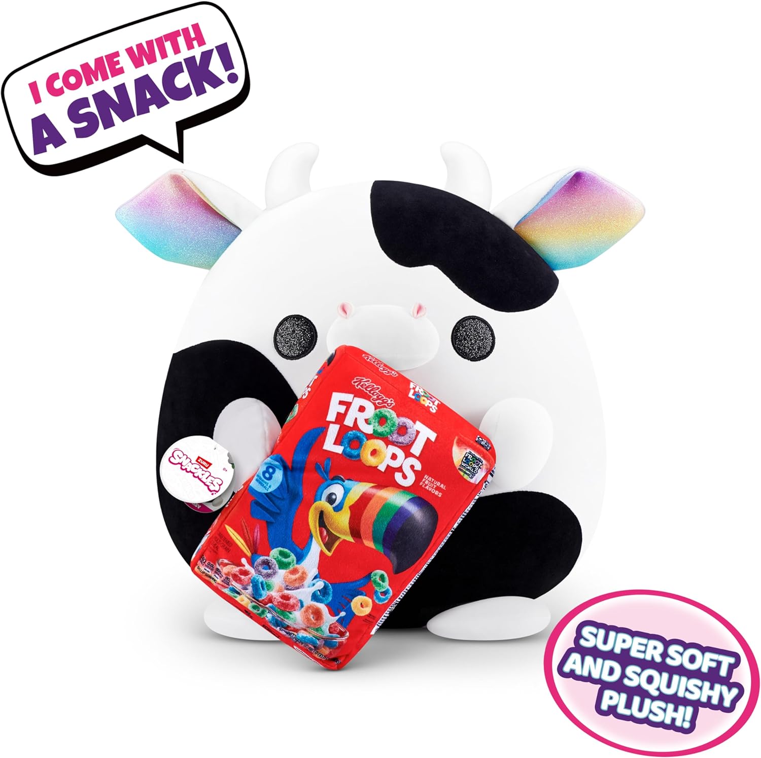 Snackles Super Sized 35 cm, Cow (Froot Loops), by ZURU Cuddly Squishy Comfort 35 cm Plush with License Snack Brand Accessory (Cow