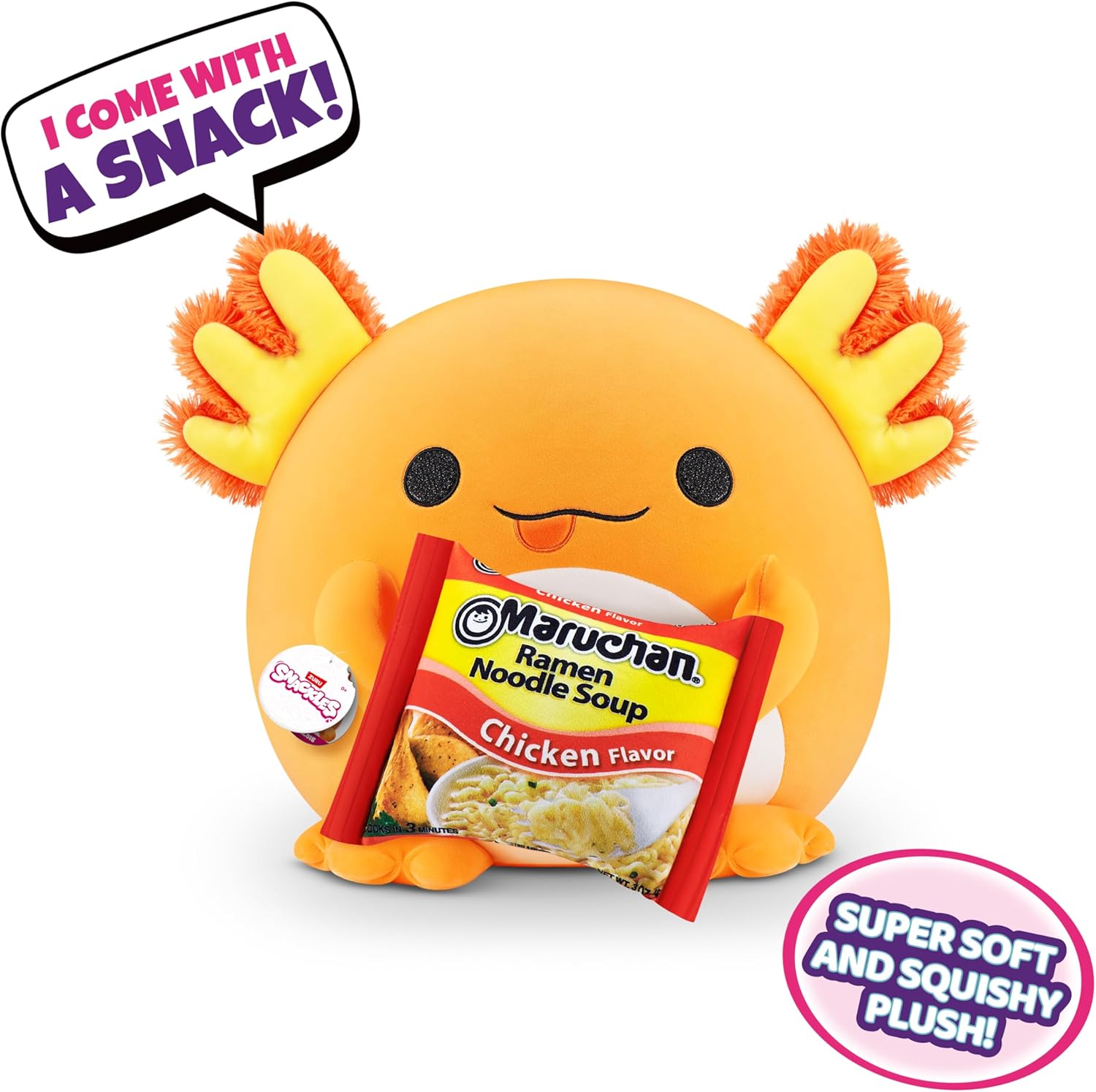 Snackles Super Sized 35 cm, Axolotl (Maruchan), by ZURU Cuddly Squishy Comfort 35 cm Plush with License Snack Brand Accessory (Axolotl
