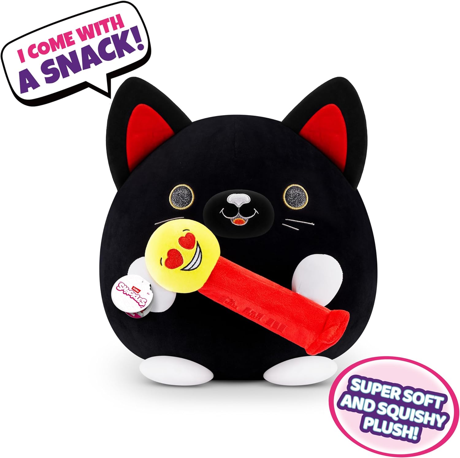 Snackles Super Sized 35 cm, Black Cat (PEZ), by ZURU Cuddly Squishy Comfort 35 cm Plush with License Snack Brand Accessory (Black Cat