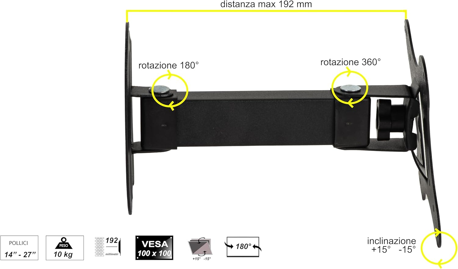 Link LKBR46 - Staffa da Muro 2 snodi per Monitor 14-27" Fino a VESA 100X100 Orientamento Verticale e Orizzontale, Colore Nero