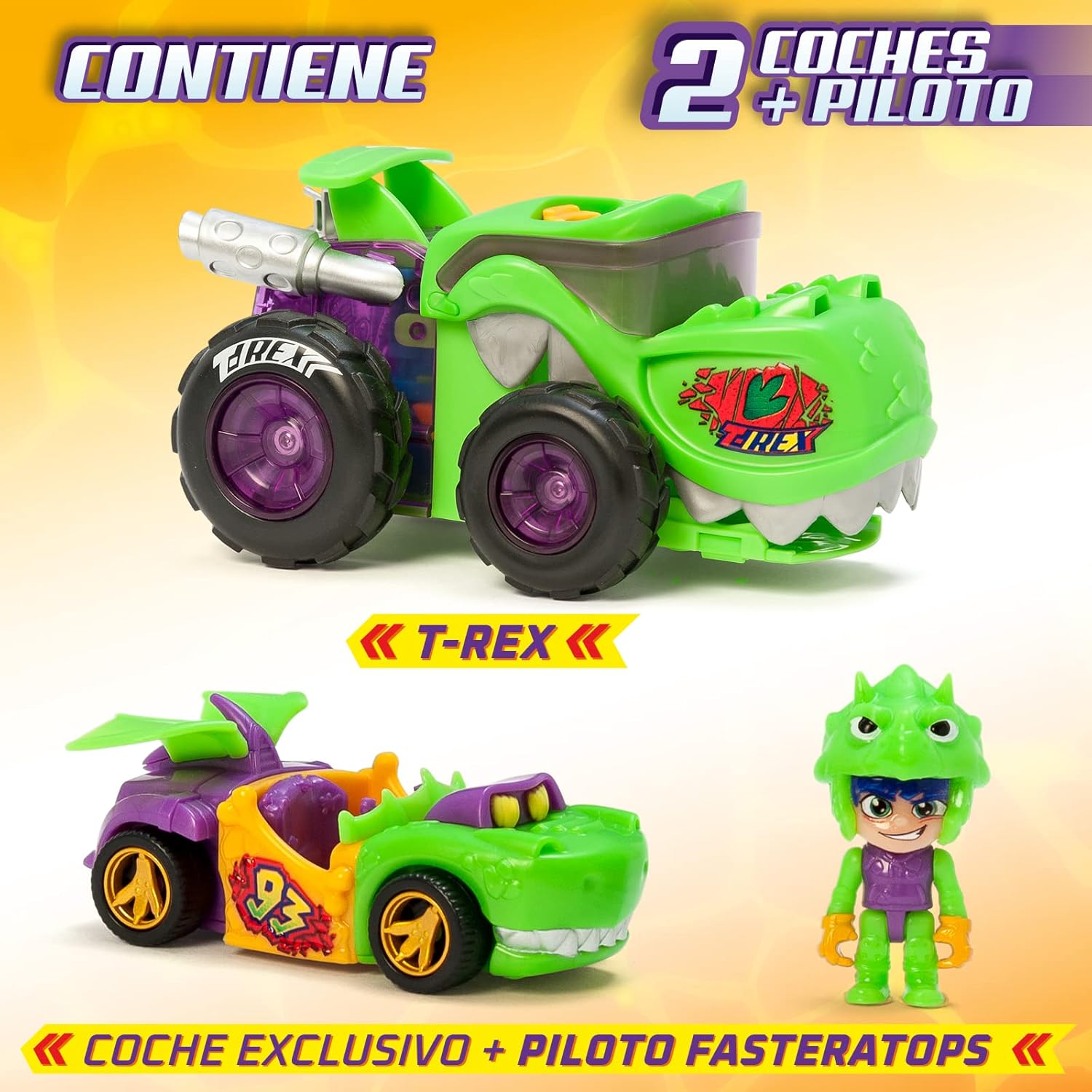 T-RACERS Mega Wheels T-Rex – Vehicle launcher with 1 exclusive driver and 1 exclusive vehicle. Compatible with other T-Racer cars