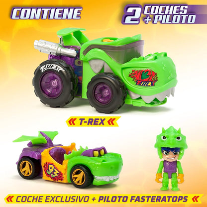 T-RACERS Mega Wheels T-Rex – Vehicle launcher with 1 exclusive driver and 1 exclusive vehicle. Compatible with other T-Racer cars