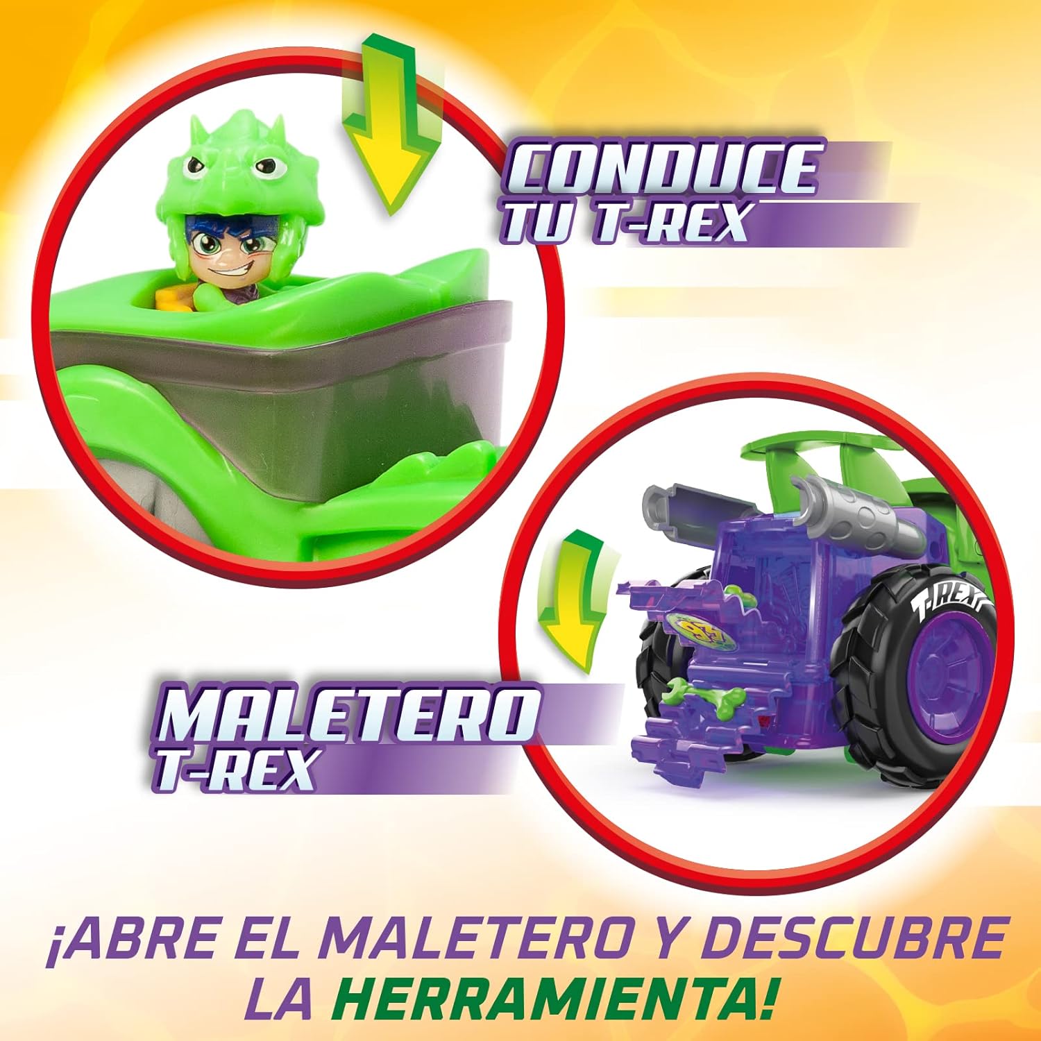 T-RACERS Mega Wheels T-Rex – Vehicle launcher with 1 exclusive driver and 1 exclusive vehicle. Compatible with other T-Racer cars