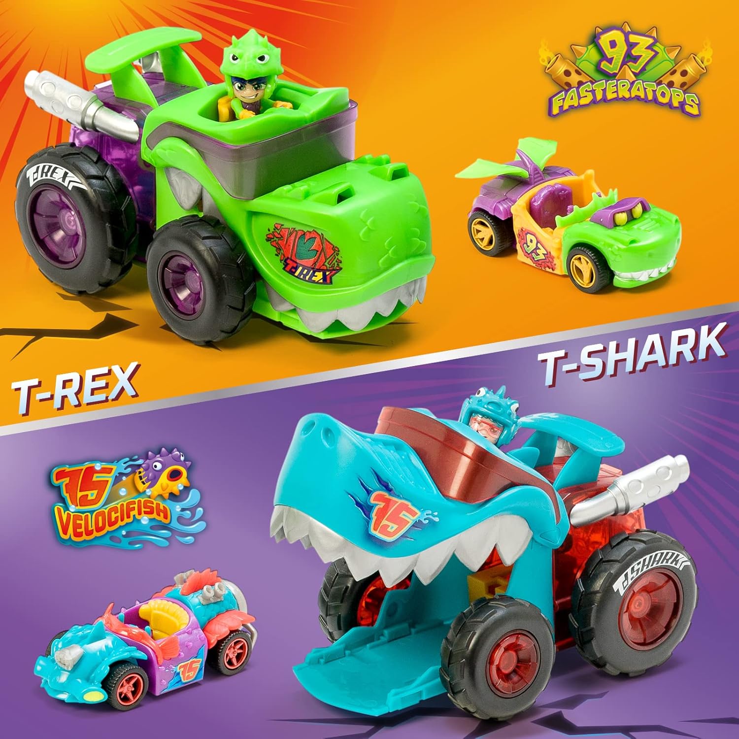 T-RACERS Mega Wheels T-Rex – Vehicle launcher with 1 exclusive driver and 1 exclusive vehicle. Compatible with other T-Racer cars