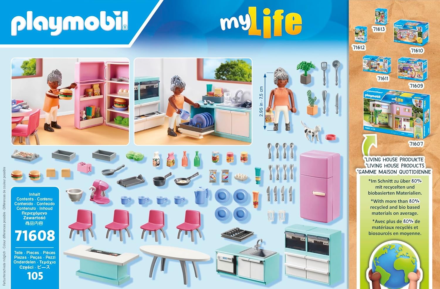 PLAYMOBIL MyLife 71608 Küche mit Essplatz, vollausgestattete Küche für detailgetreues Nachspielen, zu über 80 % aus recycelten und biobasierten Materialien, kreatives Spielzeug für Kinder ab 4 Jahren