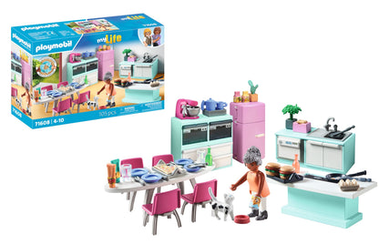PLAYMOBIL MyLife 71608 Küche mit Essplatz, vollausgestattete Küche für detailgetreues Nachspielen, zu über 80 % aus recycelten und biobasierten Materialien, kreatives Spielzeug für Kinder ab 4 Jahren