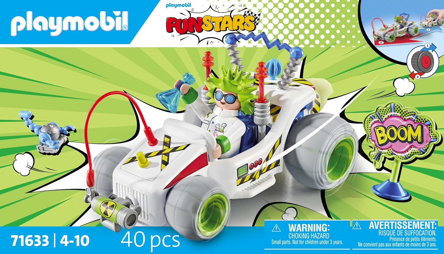 PLAYMOBIL Funstars 71633 Rasender Professor, Kart mit Rückzugsmotor, dynamisches Spielset für spannende Rennen, detailreiches Spielzeug für Kinder ab 4 Jahren