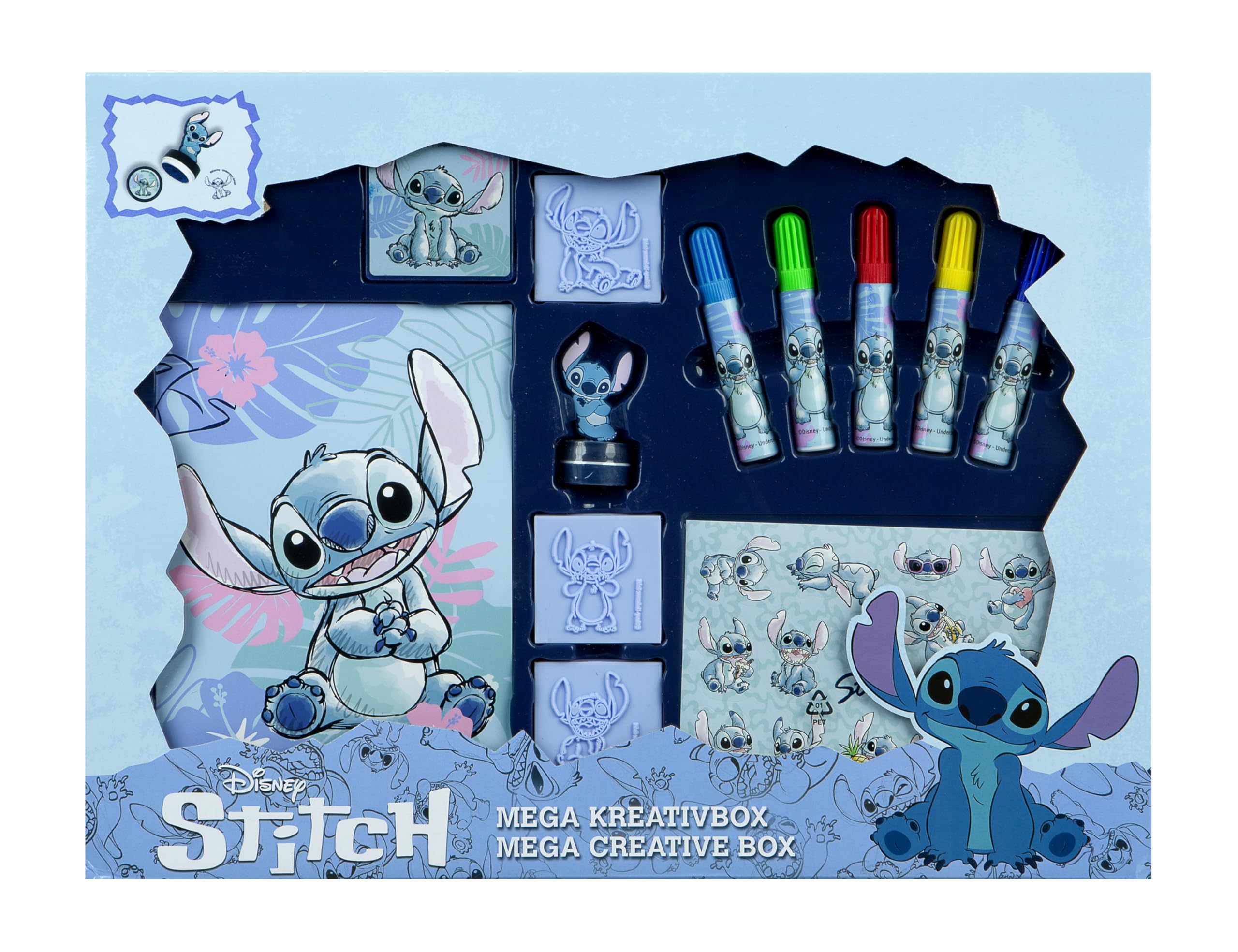 Undercover Stitch Mega Creative Box - Creativity, Crafts, Children - Fibre Tip Pens, Sticker Sheet, Colouring Book, Stamp, Blue