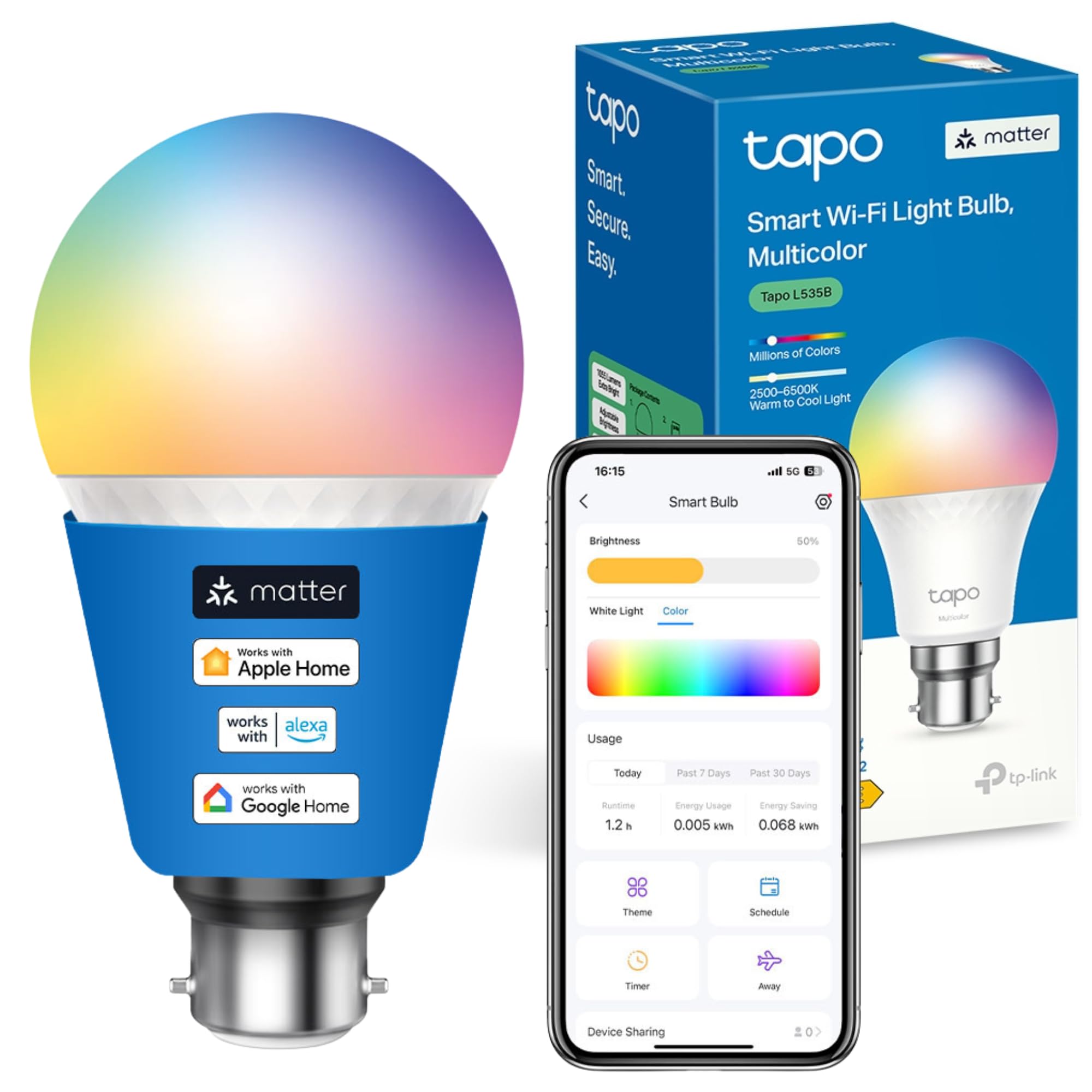 Tapo B22 MATTER Smart Bulb, Energy Monitoring, Advanced Music Sync 1055 lm, 8.6W Smart Light Bulb, Dimmable, Tunable Alexa Light Bulbs, Voice Control with Apple HomeKit, Alexa and Google,(Tapo L535B)