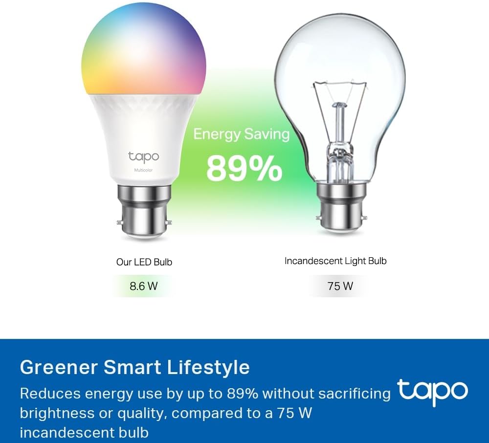 Tapo B22 MATTER Smart Bulb, Energy Monitoring, Advanced Music Sync 1055 lm, 8.6W Smart Light Bulb, Dimmable, Tunable Alexa Light Bulbs, Voice Control with Apple HomeKit, Alexa and Google,(Tapo L535B)