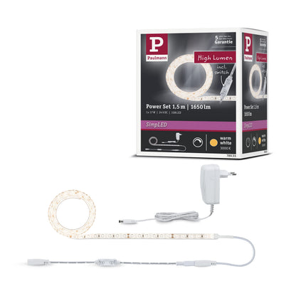 Paulmann 78955 LED Strip SimpLED Power 1.5m with Cord dimmer 1100lm/m incl. 1x17 Watt IP44 dimmable Lighting Strip White Light Strip Plastic LED Strip 3000 K