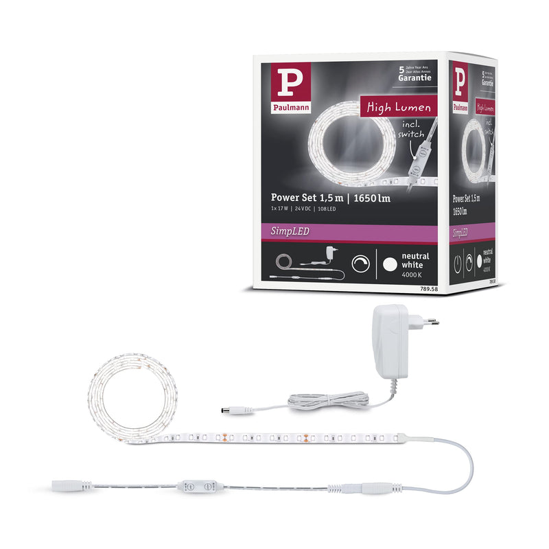 Paulmann 78958 LED strip SimpLED Power 1,5 m met snoerdimmer 1100lm/m incl. 1x17 watt IP44 dimbaar lichtband wit lichtstrip kunststof 4000 K