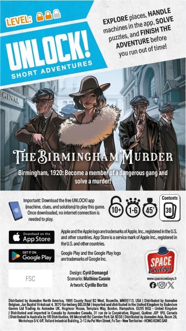 Space Cowboys Unlock! Short Adventures 9: The Birmingham Murder - Immersive Escape Room Card Game for Kids and Adults, Ages 10+, 1-6 Players, 45 Minute Playtime, Made