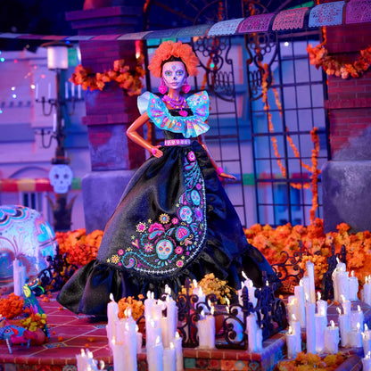 Barbie Signature Doll, 2024 Día De Muertos Collectible in Black Dress with Blue Ruffle Top, Embroidered Print, and Colorful Accessories, HRM72