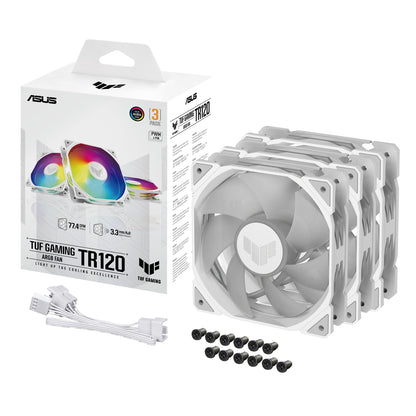 ASUS TUF Gaming TR120 ARGB Triple Pack White Edition 120mm Fans (28mm Frame, 3.3mm High Static Pressure H2O, Dual Layer LED Matrix, Aura Sync, PWM Fan Control