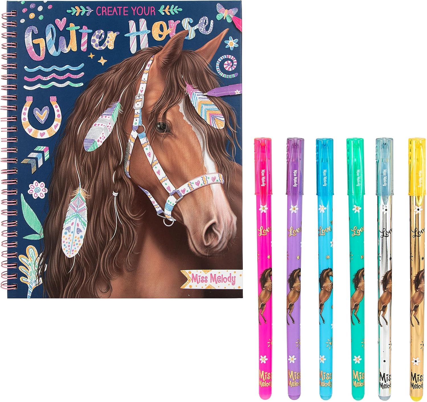 Depesche 12931 Miss Melody Create your Glitter Horses - Malbuch mit 30 Seiten zum Gestalten von Pferde-Motiven, inkl. 6 glitzernden Gelstiften