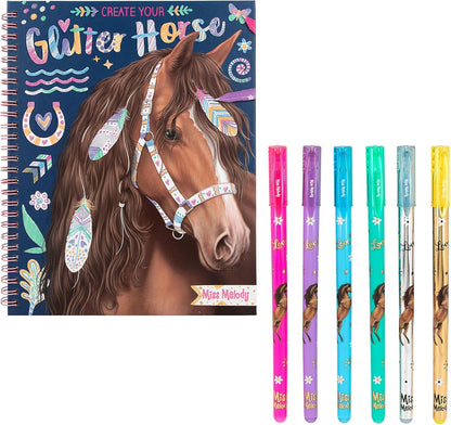 Depesche 12931 Miss Melody Create your Glitter Horses - Malbuch mit 30 Seiten zum Gestalten von Pferde-Motiven, inkl. 6 glitzernden Gelstiften