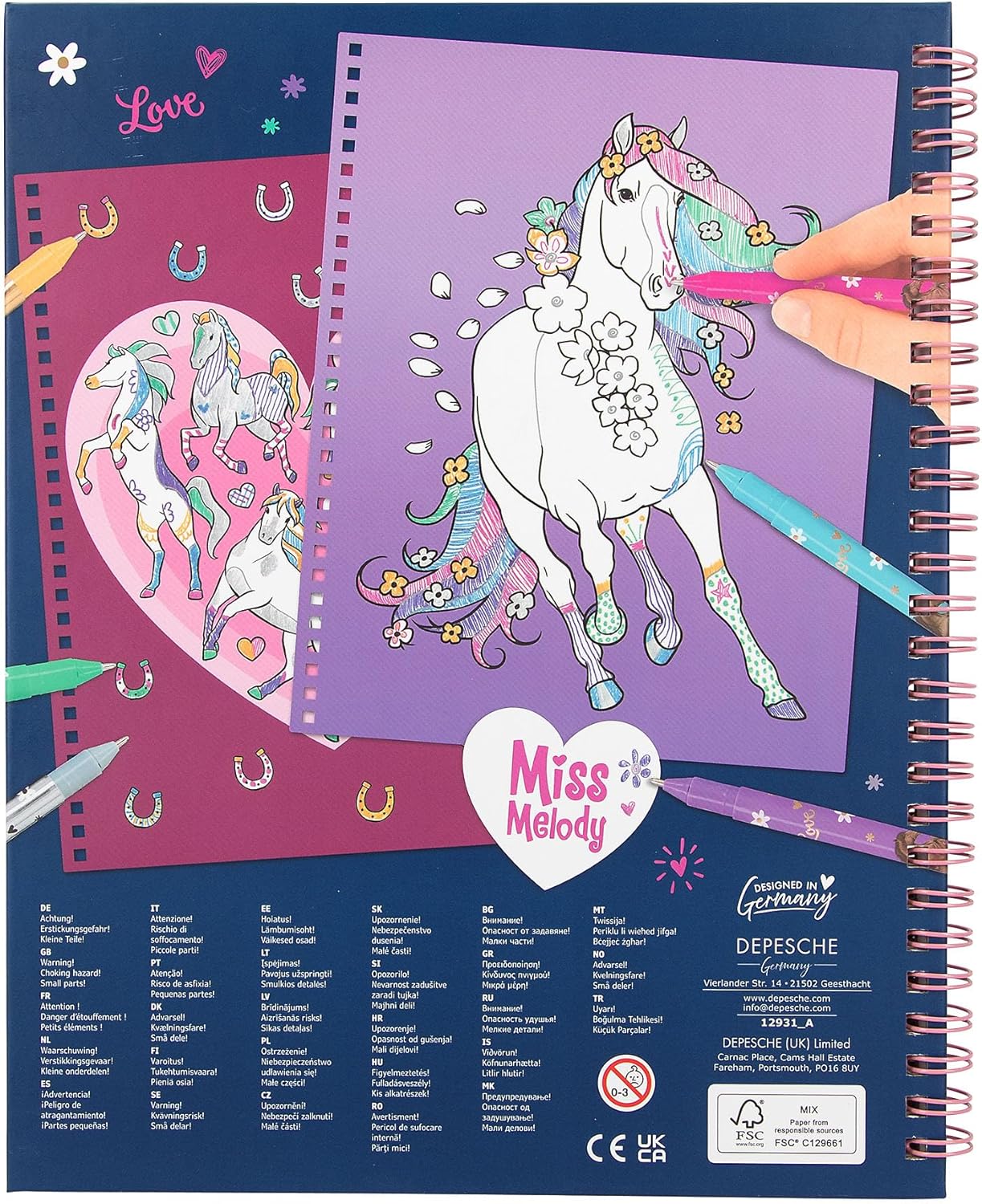 Depesche 12931 Miss Melody Create your Glitter Horses - Malbuch mit 30 Seiten zum Gestalten von Pferde-Motiven, inkl. 6 glitzernden Gelstiften