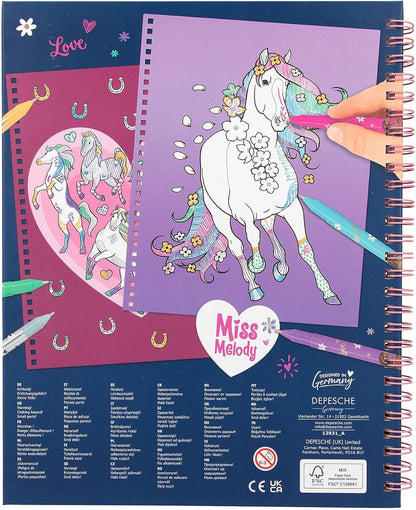 Depesche 12931 Miss Melody Create your Glitter Horses - Malbuch mit 30 Seiten zum Gestalten von Pferde-Motiven, inkl. 6 glitzernden Gelstiften