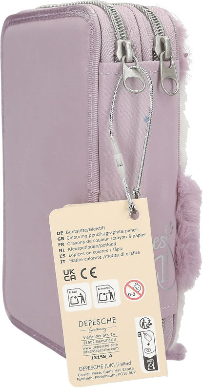 Depesche 13158 Princess Mimi Penguin - Filled 2-Compartment Pencil case in Lilac and Cream, with Penguin Motif and Plush Fur, Pencil case with Crayons, Ruler, Scissors and Much More.
